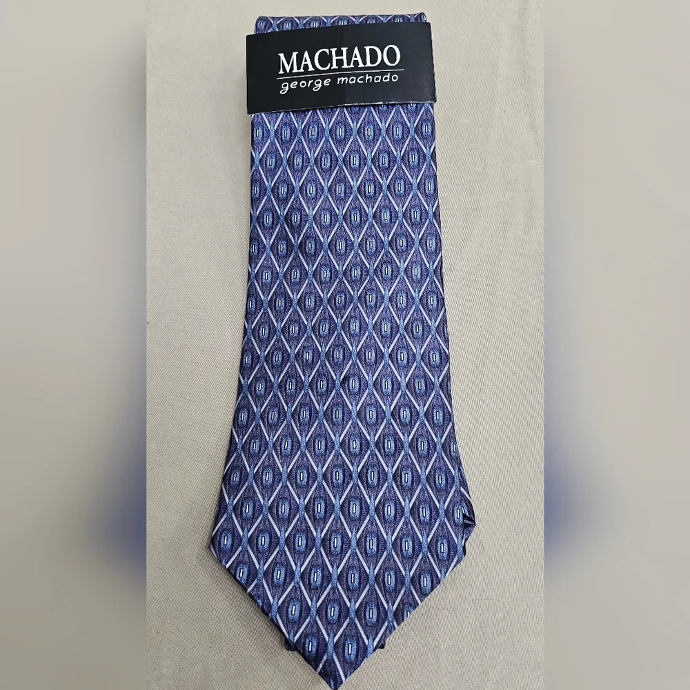 George Machado Men's Silk Tie NWT Blue Purple Geometric Diamond Pattern Made USA